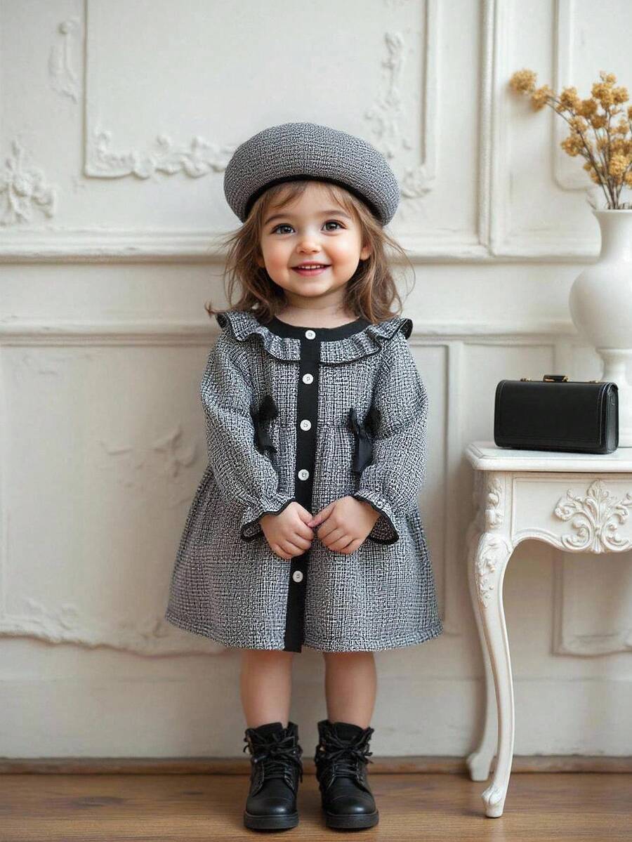 SHEIN Elladie kids Baby Girl Classic Black & White Contrast Plaid Pattern Ruffle Hem Bow Decor Dress & Hat Set - Black and White - View 1