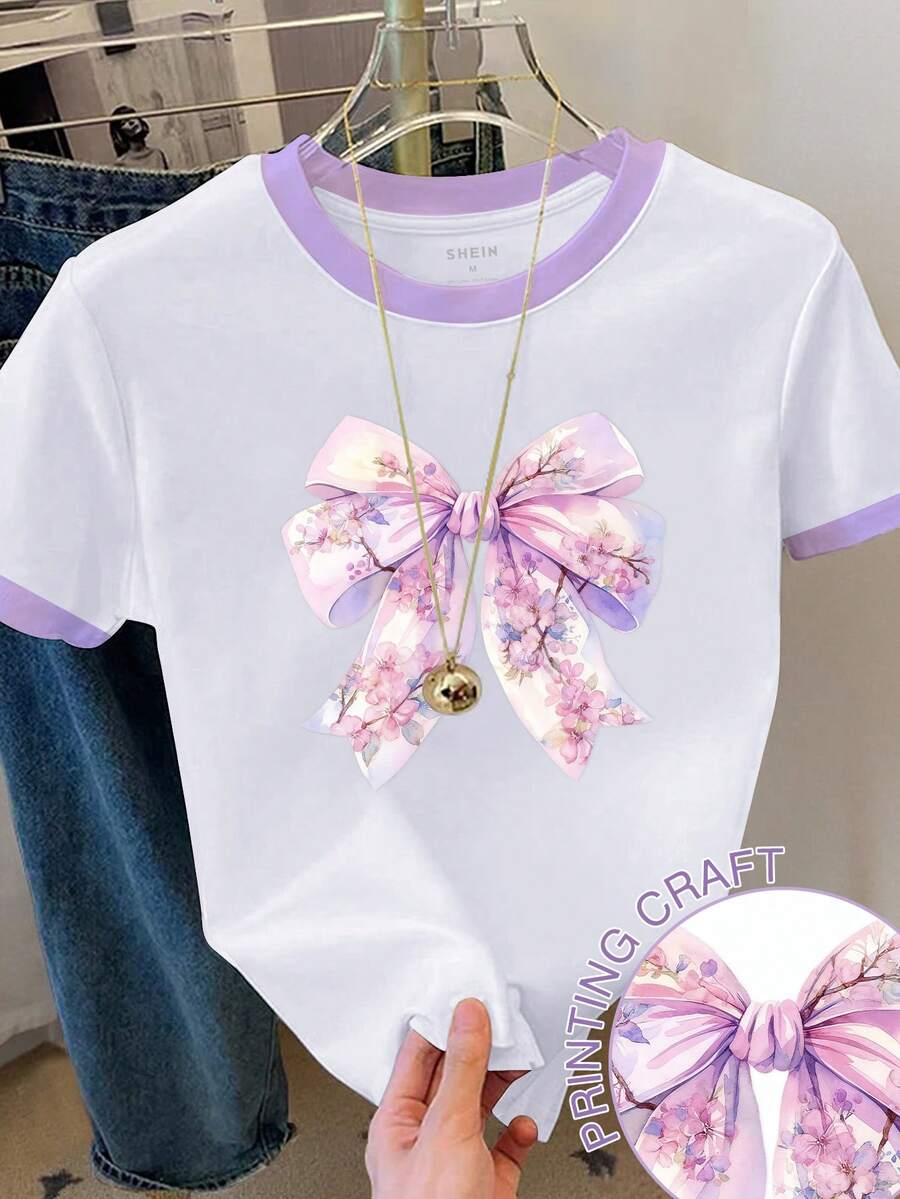 Resyla Women's Color Block Bow Print Short Sleeve Casual Round Neck T-Shirt - White - View 1