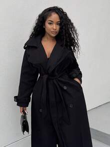 Alexandranx New Windproof Coffee Long Cinched Waist Double-Breasted Decorative Lapel Trench Coat, Casual Style In Fall/Winter - Black - View 5