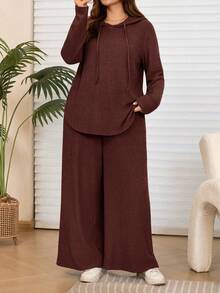 EMERY ROSE Bộ 2 áo hoodie và quần dài màu xám đậm thường ngày cỡ lớn dành cho nữ có túi, mùa thu/đông - Cà phê nâu - Xem 1