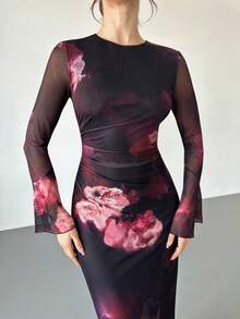 Firerie Women's New Tie-Dye Floral Mesh Print Party Long Sleeve Bodycon Maxi Dress, Mesh Sexy Long Dress, Printed Long Dress, Flare Sleeve Long Dress, Stretchy Mesh Maxi Dress, Suitable For Spring, Summer, Autumn, Winter, Elegant, Commute, Date, Party, Wedding, Graduation, Performance, Concert, Work, Back To School, Annual Meeting, Women's Birthday Dress