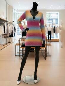 Briarwyn Abito maglione a maniche lunghe aderente con scollo a tacca e blocchi di colore, abbigliamento autunnale e invernale per donna - Multicolore - Visualizzare 8