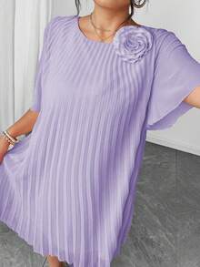 Elenzga Plus Size Women's Woven Regular Spring/Summer Semi-Sheer Pleated Lotus Root Pink Short Sleeve Round Neck 3D Floral Dress - Mauve Purple - View 4