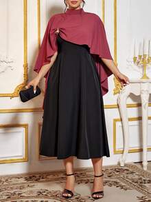 Cravure Plus Size Women Elegant 2 In 1 Contrast Color Dress - Black - View 3