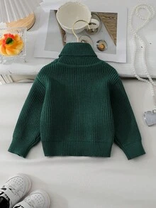 SHEIN Vintaside Kids 女婴休闲百搭高领纯色毛衣，秋冬季 - 綠色 - 查看 2