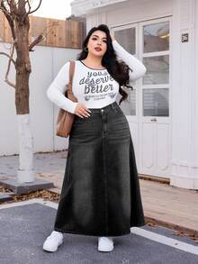 SHEIN EZwear 大码牛仔迷你裙，适合夏季 - 黑色 - 查看 5