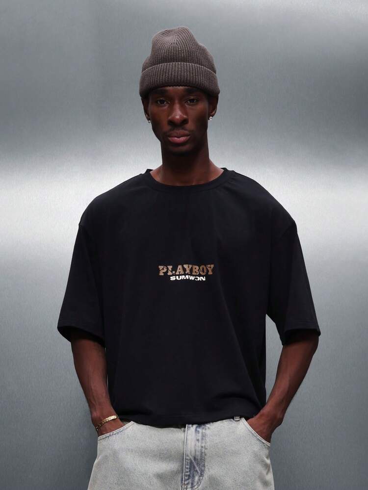 PLAYBOY X SUMWON Męska koszulka z krótkim rękawem i okrągłym dekoltem w stylu boxy fit, z nadrukiem graficznym, luźna, uliczna koszulka w stylu hip-hop, letnia, bawełniana