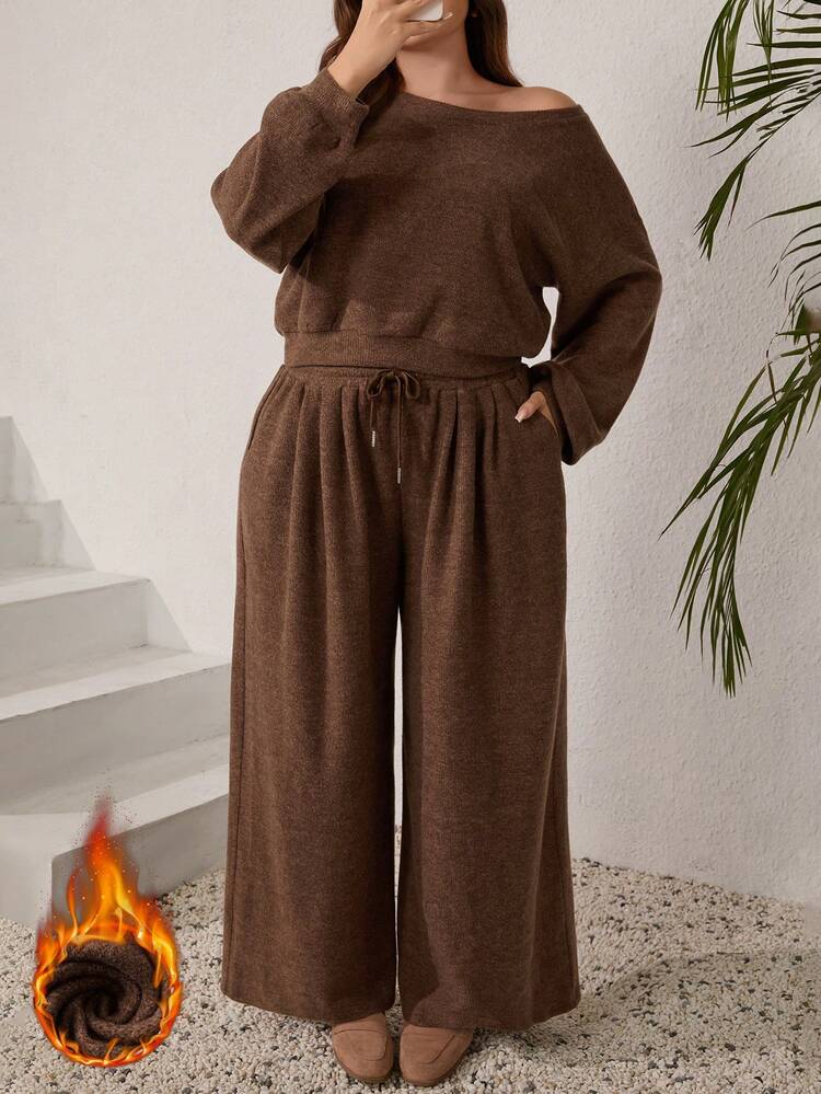 Plus Size Off-Shoulder Long Sleeve Top And Long Pants 2 Pieces Set, Autumn/Winter, Going Out Outfits, Brown Suit,2025 New Clothes, Simple And Fashionable For Everyday Wear, Plus Size Winter Clothes, New Year Set, Comfortable And Breathable, Flowy Set, Christmas Outfit For Women, New Year Clothes, Modest Dress For Women, Suitable For Multiple Occasions, Christmas, Date Night Outfits Women, Night Party, Elegant Party, Date Night Outfits Women, Thanksgiving Outfit For Women