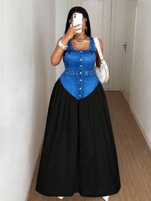 Maweii 大码女士优雅仿牛仔印花撞色U领连衣裙，百搭设计，适合婚礼宾客、派对、夜间外出等场合。 - 彩色 - 查看 6