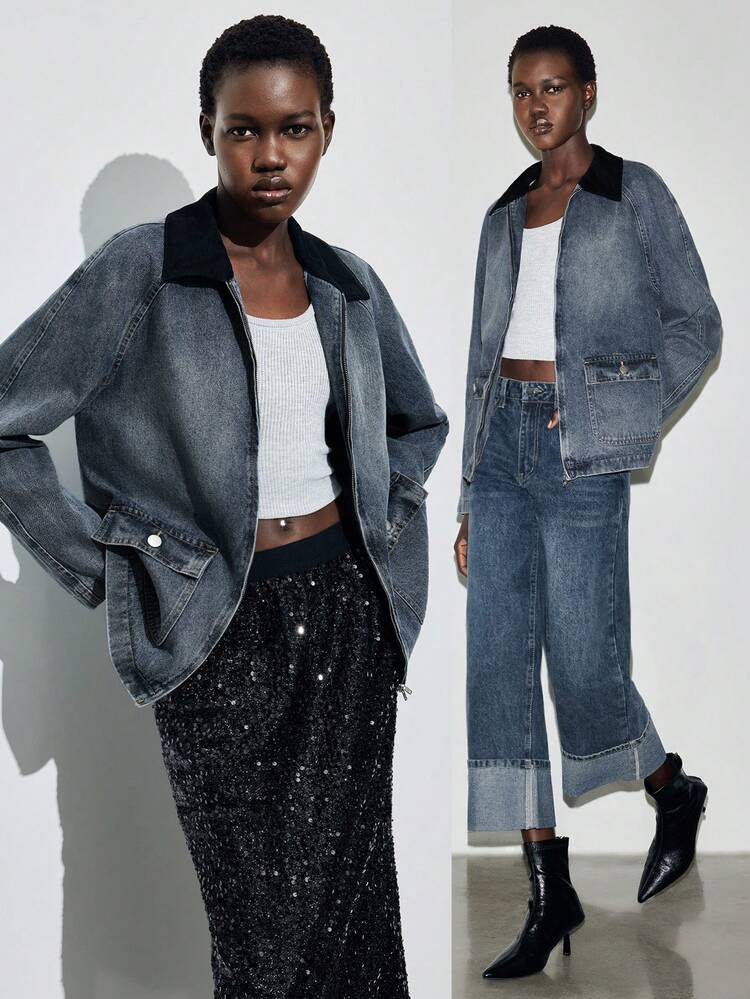 SHEIN Maija Damen Herbst Kontrast Farbe Kragen Raglan Ärmel Reißverschluss Vorne Lässige Denim Jacke