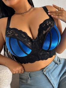 QuietHaus 1pc Plus Size Lace Patchwork Wireless Bra - Multicolor - View 9