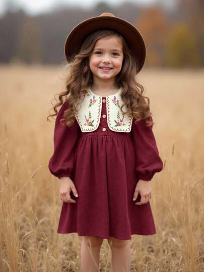 Emery Rose Kids Emery Rose Kids 女童复古碎花图案拼接彼得潘领长袖连衣裙，秋冬季万圣节莱卡长袖连衣裙，日常穿着非常舒适