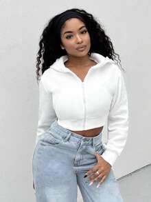 Alexandranx Women Solid Color Front Zipper Long Sleeve Pocket Minimalist Hooded Jacket, Casual Daily Wear,Long Sleeve Tops Graduation,Back To School Outfits,Graduation,Teacher Outfits For Women,Back To School In Fall/Winter - White - View 5