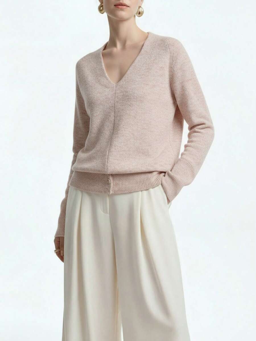 Aalyst 女式 V 领独特设计时尚优雅修身套头衫，适合日常穿着，秋冬 - 杏色 - 查看 1