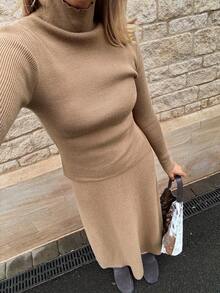 Vivie Lora 2pcs Women Solid Color Tight Fitting Sweater Set, Autumn/Winter - Khaki - View 6