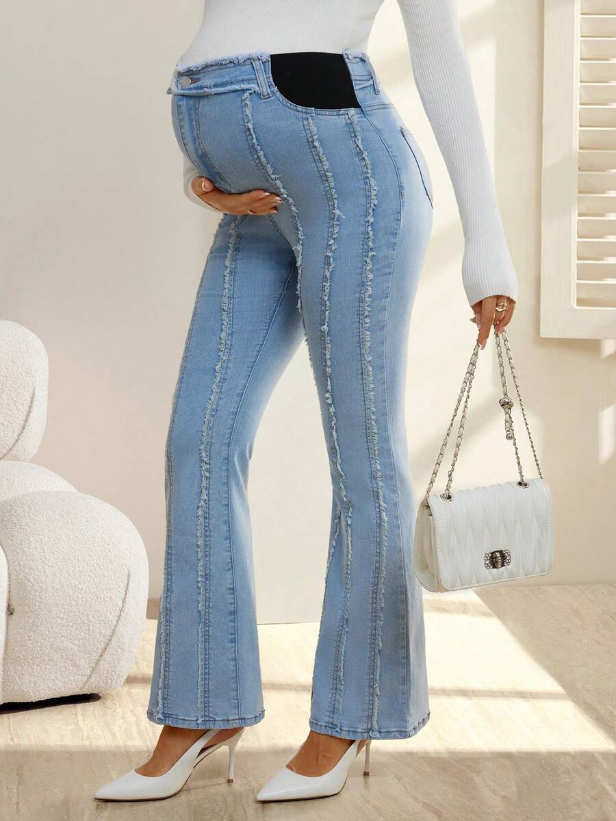 SHEIN Quần jeans ống loe mỏng giặt khi đi làm thời trang bà bầu - Rửa nhẹ - Xem 1