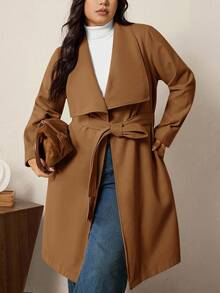 SHEIN LUNE Plus Size Solid Color Minimalist Long Sleeve Woolen Sweater, Everyday Wear/Winter - Brown - View 9