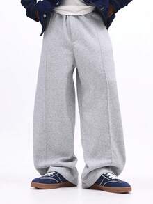 SUMWON Comfortable Straight Fit Sweatpants With Pintucks Casual Everyday Loungewear Drawstring Waist Cozy Winter Fall Plain - Grey - View 1