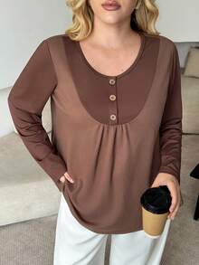Lacomfia Plus Size Women Casual Loose Knit Textured Patchwork Crew Neck Long Sleeve Pullover Top, Autumn/Winter - Brown - View 5