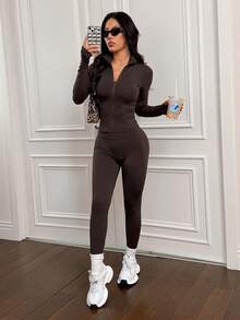 SHEIN PETITE 3 pezzi Tuta sportiva marrone in maglia, adatta per yoga, corsa, allenamento, uso quotidiano, autunno/inverno - Marrone Cioccolato - Visualizzare 5