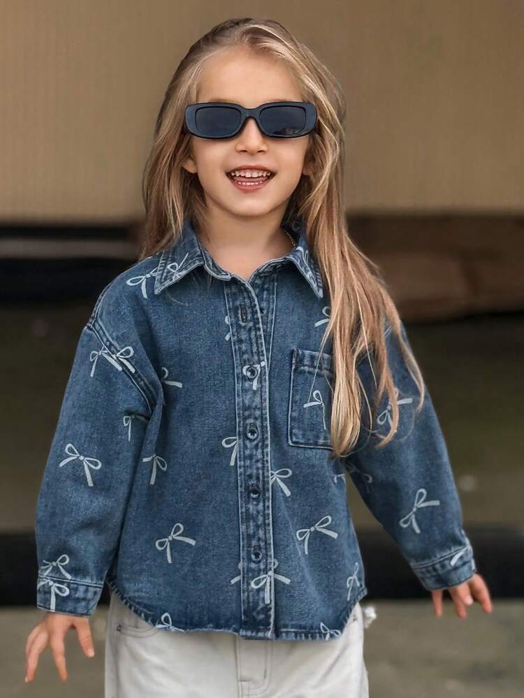 Young Girls Bow Print Casual Korean Style Denim Top