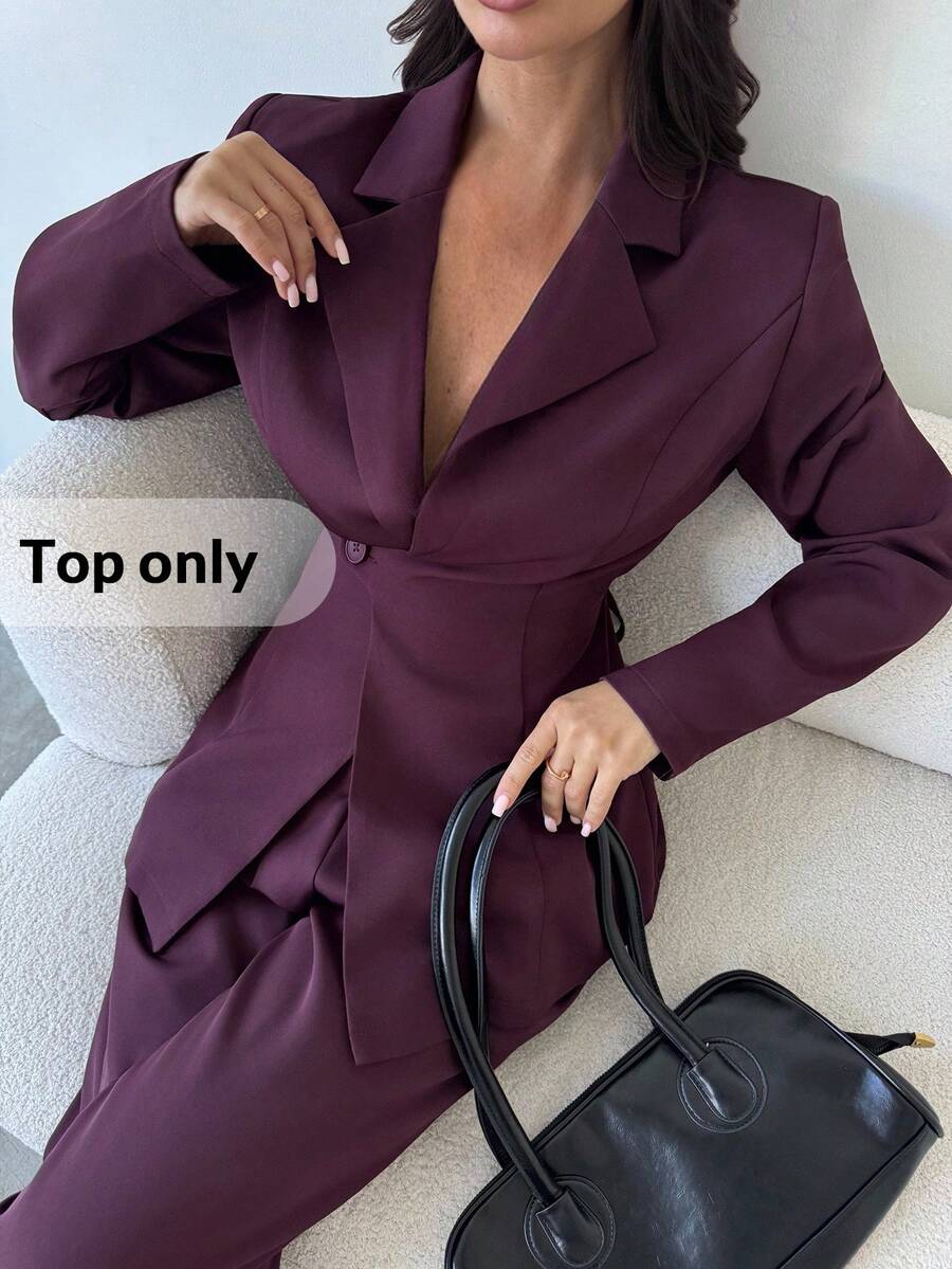 女士简约优雅商务通勤休闲百搭安科拉红色长袖西装外套，秋冬季收腰西装外套，通勤装/教师装/返校季/复古风/秋季/商务休闲/秋季/办公室着装/工作装/秋季，适合通勤、秋季，酒红色高腰收腰中长款西装外套