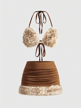 Set da 2 pezzi composto da reggiseno a triangolo e slip con lacci laterali, in stile hippie chic con stampa animalier in pelliccia sintetica, per donne