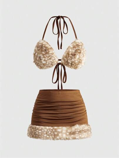 Conjunto de 2 piezas de sujetador triangular y braguitas con lazos laterales con estampado animal de estilo hippie chic para mujer