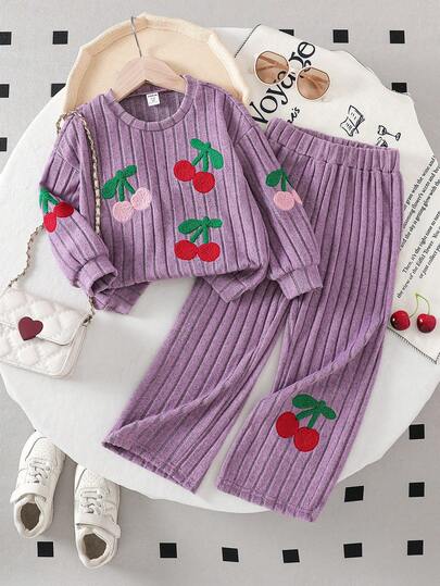 Vintaside Kids 2pcs Young Girls Navy Blue Towel Embroidered Cherry Blossom Long Sleeve Round Neck Top And Wide Leg Pants Set, Autumn/Winter Children Fashion Cartoon Cute Children Outfit