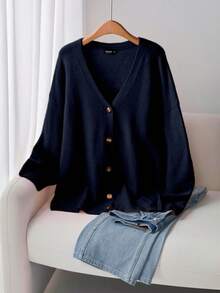 Franclia Áo khoác len cardigan cổ chữ V màu trơn cỡ lớn, thường ngày cho mùa thu/đông Áo khoác cardigan màu xanh navy dành cho nữ Áo khoác cardigan cài nút màu xanh navy dành cho nữ cỡ lớn màu hoàng hôn - Xanh đậm - Xem 2