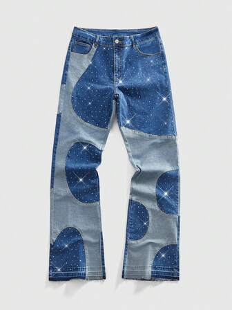 Street Life Jeans casual da uomo, stile casual di strada, con patchwork, decorati con strass, gamba dritta e ampia