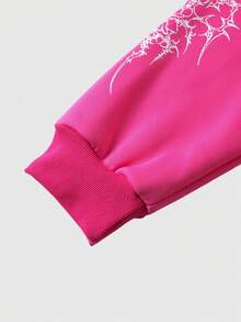 ROMWE MEN Men's Gothic Drop Shoulder Long Sleeve Zip-Up Hooded Sweatshirt Sweatshirt - Hot Pink - View 3