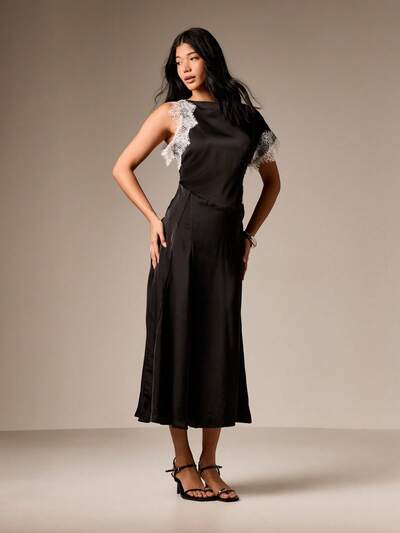 Lace Trim Asymmetrical Satin Midi Dress With Blouson Waist