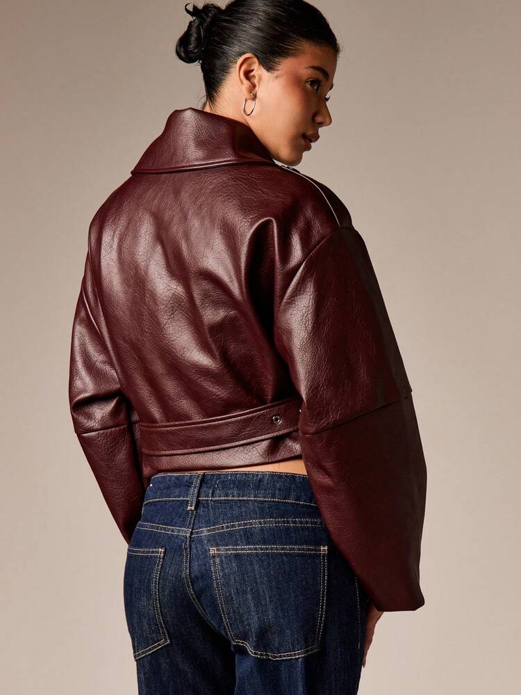 Oversized Burgundy Leather Biker Jacket With Belt