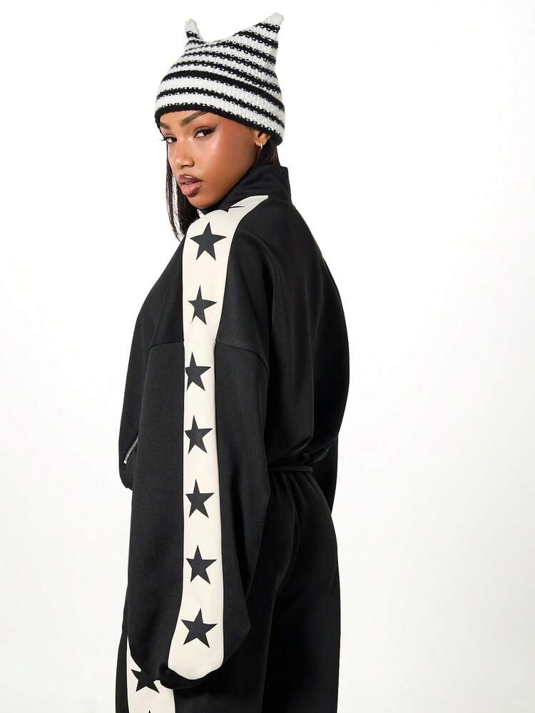 SUMWON Oversized Zip Through Funnel Neck Track Top With Contrast Cut And Sew Panels And Star Details