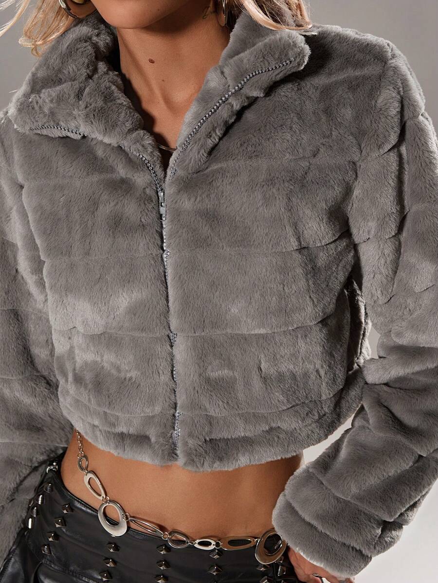 TRNVIE 黑色拉链短款泰迪熊外套，毛绒外套，短款外套，女款短款夹克 - 灰色 - 查看 1