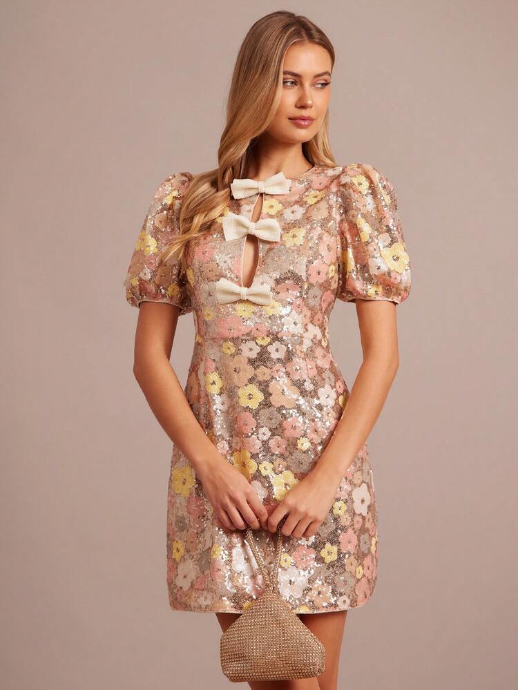 Enchnt 秋冬浪漫女士香槟金闪亮花卉亮片泡泡袖短袖蝴蝶结装饰优雅迷你连衣裙，甜美优雅时尚，适合约会、节日、生日、派对、婚宴、办公室、外出、下午茶，女士秋季连衣裙，秋季服装 - 彩色 - 查看 3