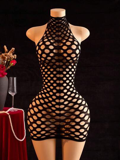  ChaseTheNight Black Polka Dot Hollow Out Halter Bodycon Dress, Creates Alluring Nighttime Atmosphere, Unique Nightclub Style