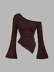Sweetra Solid Color Flare Sleeve Slim Fit T-Shirt - Brown - View 3