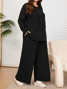 Rosumi 两件套加大码女式休闲深灰色连帽卫衣和长裤套装，带口袋，秋冬款 - 黑色 - 查看 5