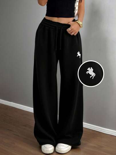 SHEIN Quần dài thể thao ống rộng cạp thấp co giãn thoải mái cho bé gái tuổi teen, đa năng cho mùa xuân, hè, thu, đông