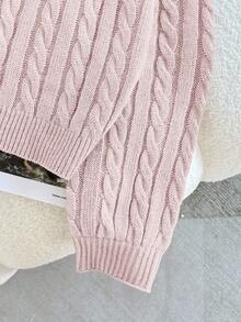 SHEIN Firerie Kids Tween Girl Casual Solid Color Dropped Shoulder Loose Textured Knit Cropped Sweater, Autumn/Winter - Baby Pink - View 4