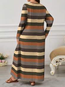 Lacomfia 女式复古条纹数码印花休闲圆领长袖口袋长裙，时尚优雅 - 彩色 - 查看 2