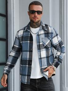 Manfinity Homme Plaid Front Button Casual Everyday Long Sleeve Shacket - Blue - View 5