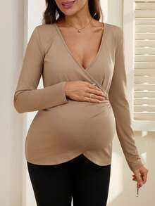 SHEIN Pregnant Women's Sports Long Sleeve Deep V-Neck Criss-Cross Drawstring Bowknot T-Shirt - Brown - View 3