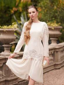 ORNATELLA 女士时尚新款长袖铆钉亮片拼接优雅派对连衣裙 - 杏色 - 查看 5