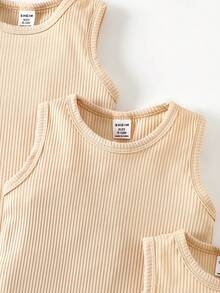 SHEIN Bộ 3 món áo liền thân không tay dệt kim gân thoải mái cho bé trai - Màu Khaki - Xem 4