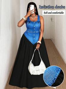 Maweii 大码女士优雅仿牛仔印花撞色U领连衣裙，百搭设计，适合婚礼宾客、派对、夜间外出等场合。 - 彩色 - 查看 3