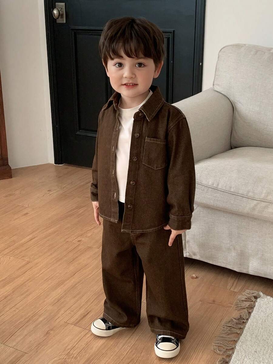 DAZY 2pcs Toddler Boys' Casual Washed Denim Shirt And Loose Fit Pants Set - Brown - View 1