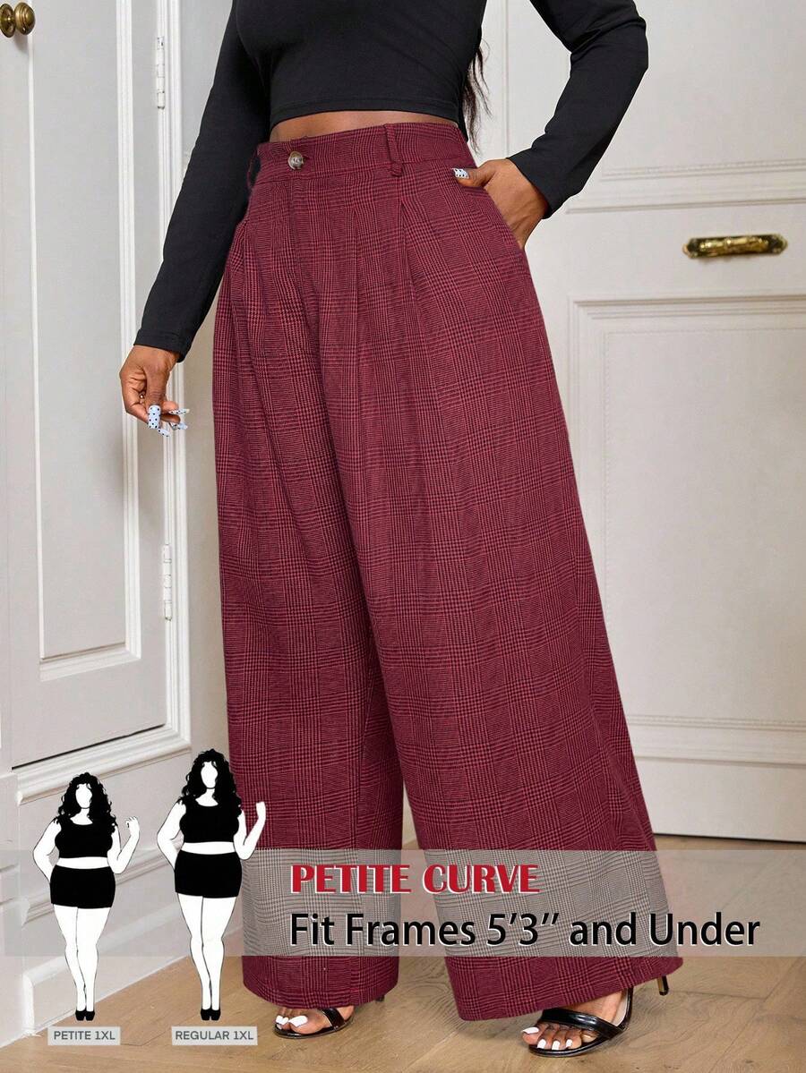 SHEIN PETITE CURVE Quần tây ống đứng kẻ caro dáng vintage cỡ lớn, thích hợp cho mùa thu đông, lễ tốt nghiệp, tựu trường, hoặc dành cho nữ giáo viên. - Màu Đỏ Sâu - Xem 1